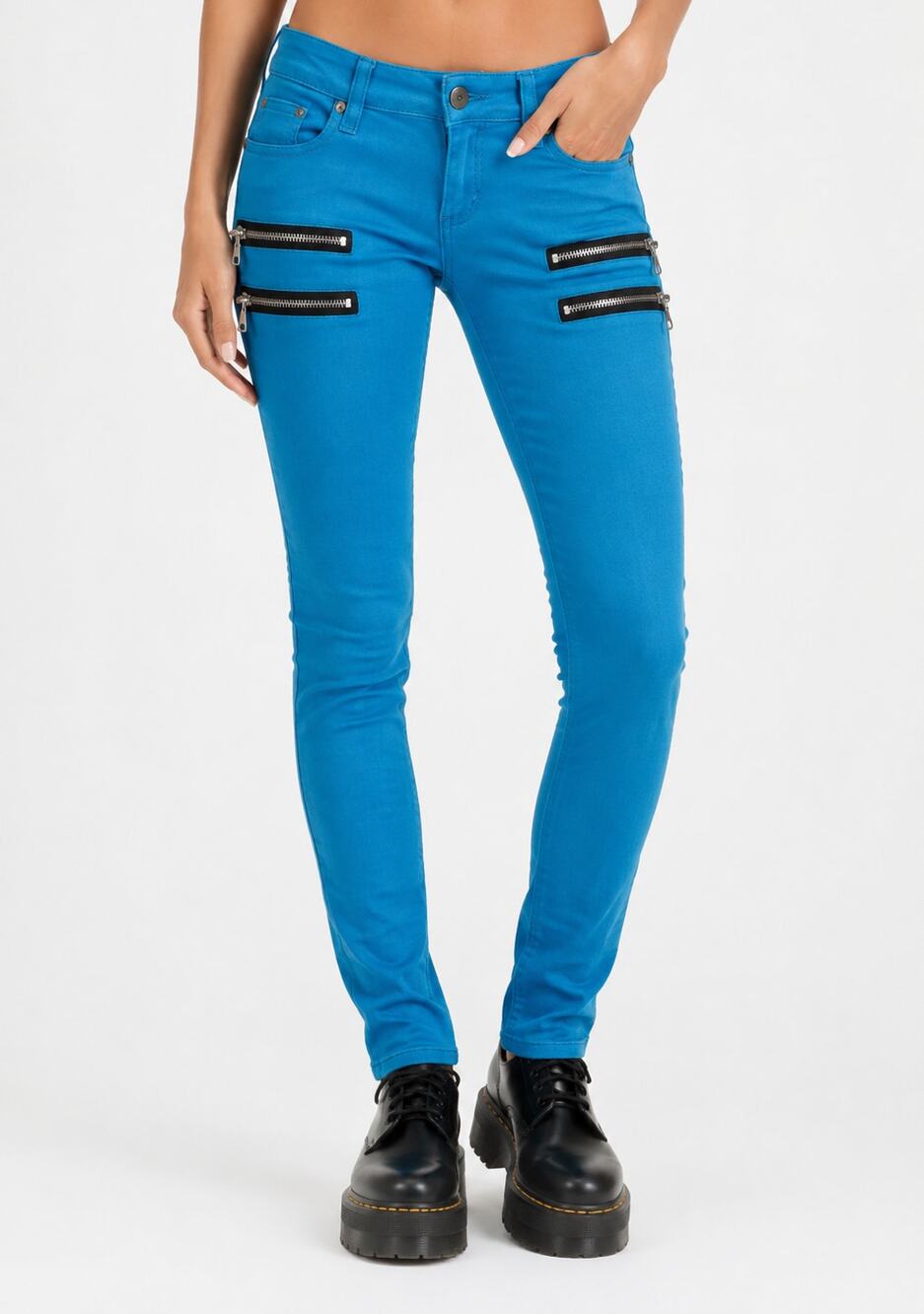 TRIPP NYC Skinny Jeans Y2K Moto Zip Pocket Low Rise Stretch Punk Goth Blue